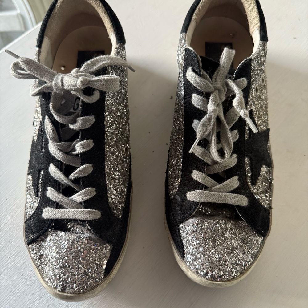 Golden Goose Black and Silver Glitter Athletic Shoes